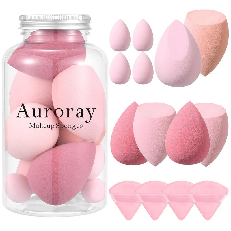AuraRay 14 Pcs Makeup Sponge Set,Beauty Sponges Blender with 4 Pcs Powder Puff and 4 Pcs Mini Make up Sponges Valentine's Day,Mother's Day for Women Liquid,Foundation,Powder,Concealer,Cream(Pink) - Image 1